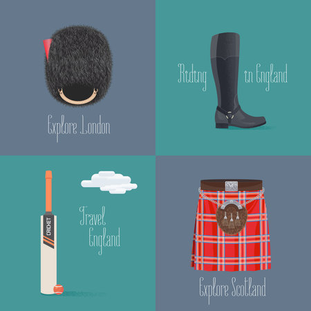 Set of vector illustrations with British, English symbols - beefeater hat, kilt. Design elements for visit United Kingdom conceptのイラスト素材