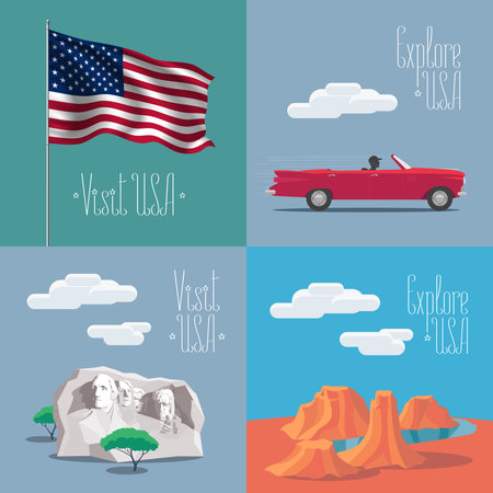 Set of vector illustrations with American symbols and landmarks - Rushmore mount, USA flag, Grand Canyon. Design elements for visit United States of America conceptのイラスト素材