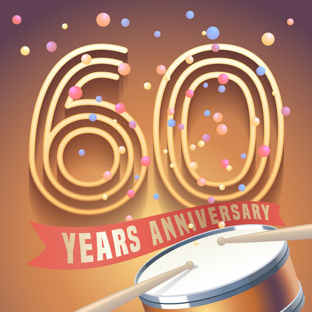 60 years anniversary vector icon, logo. Design element with golden number and drums on background for 60th anniversaryのイラスト素材