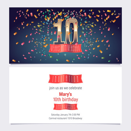 10 years anniversary invitation illustration. Graphic design template with golden number for 10th anniversary party or dinner inviteのイラスト素材