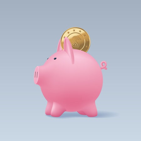 Pig money box with realistic golden coins vector illustration. Design element, clipart with moneybox full of gold coinsのイラスト素材