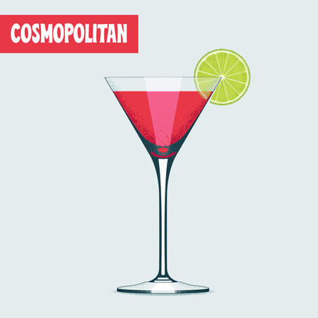 Martini cocktail glass with red drink vector illustration. Design element, poster with realistic martini gobletのイラスト素材