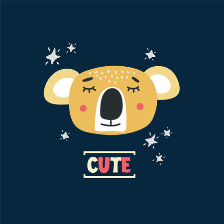 Cute koala head vector illustration. Design element, clipart for baby products with hand drawn cartoon animal drawing with letteringのイラスト素材