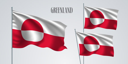 Greenland waving flag set of vector illustration. White red colors of Greenland wavy realistic flag as a patriotic symbolのイラスト素材