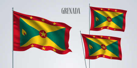 Grenada waving flag set of vector illustration. Green yellow colors of Grenada wavy realistic flag as a patriotic symbolのイラスト素材