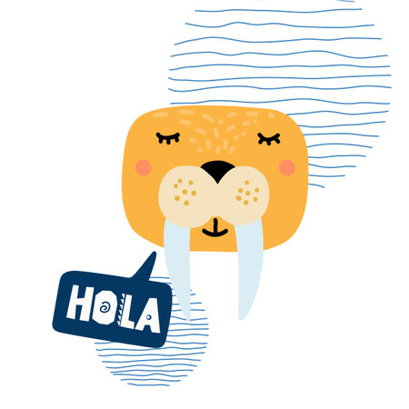 Cute walrus head vector illustration. Design element, clipart for baby products with hand drawn cartoon walrus, sea lion drawingのイラスト素材