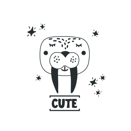 Cute walrus head vector illustration. Design element, modern style clipart with hand drawn cartoon sea lion in black and whiteのイラスト素材