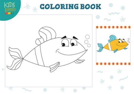 Coloring book page vector blank game, illustration. Preschool kids activity with drawing and colouring cartoon fish character black and white outline design for educationのイラスト素材