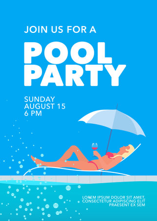 Pool party poster with girl under umbrella and swimming pool vector illustration. Template design element, background for summer event invitation cardのイラスト素材