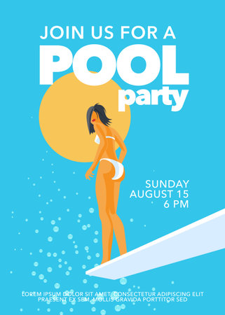 Pool party poster with girl on the springboard in the swimming pool illustration. Template background for summer event invitationのイラスト素材