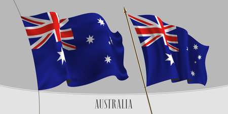 Set of Australia waving flag on isolated background vector illustration. Red, blue, white stripes and stars of Australian wavy realistic flag as a patriotic symbolのイラスト素材