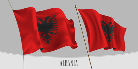 Set of Albania waving flag mockup vector illustration. Red with eagle of Albanian wavy realistic 3d flag as a patriotic symbolのイラスト素材