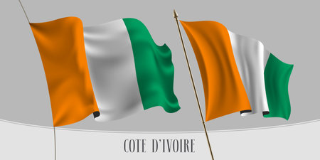 Set of Cote D'ivoire waving flag on isolated background vector illustration. Orange green colors of Cote Divoire wavy realistic flag as a patriotic symbolのイラスト素材
