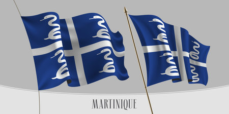 Set of Martinique waving flag on isolated background vector illustration. Blue white colors of Martinique wavy realistic flag as a patriotic symbolのイラスト素材
