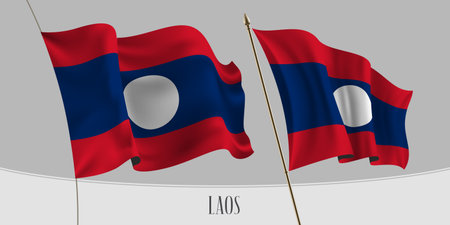 Set of Lao waving flag on isolated background vector illustration. Red blue colors of Lao wavy realistic flag as a patriotic symbolのイラスト素材