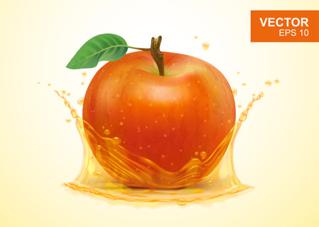 Realistic red apple and splash of apple juice vector illustration. Close up of juicy fruit for packaging, advertisingのイラスト素材