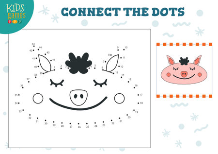 Connect the dots kids game vector illustration. Preschool children education activity with joining dot to dot and coloring piglet characterのイラスト素材