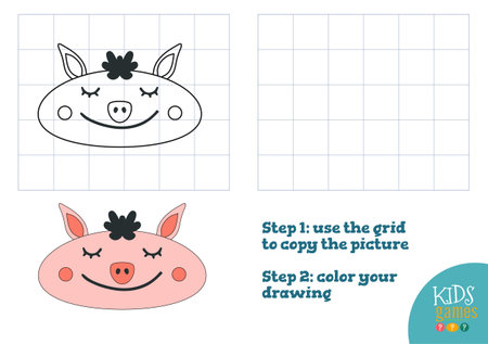 Copy and color picture vector illustration, exercise. Funny pig cartoon head for drawing and coloring game for preschool kidsのイラスト素材