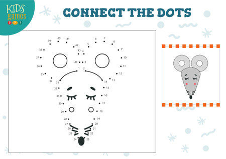 Connect the dots kids game vector illustration. Preschool children education activity with joining dot to dot and coloring mouse headのイラスト素材