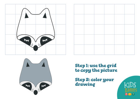 Copy and color picture vector illustration, exercise. Funny raccoon cartoon head for drawing and coloring game for preschool kidsのイラスト素材