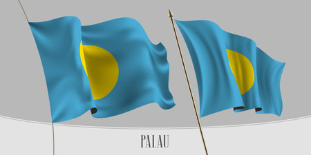 Set of Palau waving flag on isolated background vector illustration. Blue yellow wavy realistic flag as a patriotic symbolのイラスト素材