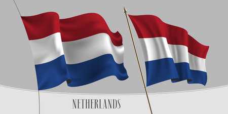 Set of Netherlands waving flag on isolated background vector illustration. Blue, red, white stripes of Dutch wavy horizontal realistic flag on pole mockupのイラスト素材