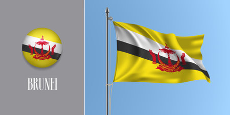 Brunei waving flag on flagpole and round icon vector illustrationのイラスト素材