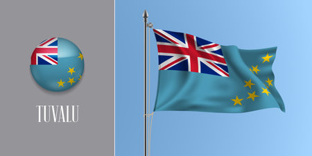 Tuvalu waving flag on flagpole and round icon vector illustration.のイラスト素材
