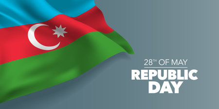 Azerbaijan happy republic day greeting card, banner with template text vector illustration. Azerbaijani memorial holiday 28th of May design element with flag with stripes and crescentのイラスト素材