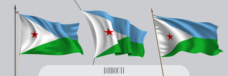 Set of Djibouti waving flag on isolated background vector illustrationのイラスト素材
