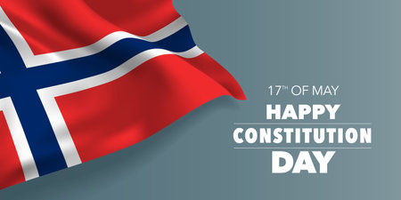 Norway happy constitution day greeting card, banner with template text vector illustration. Norwegian memorial holiday 17th of May design element with three stripesのイラスト素材