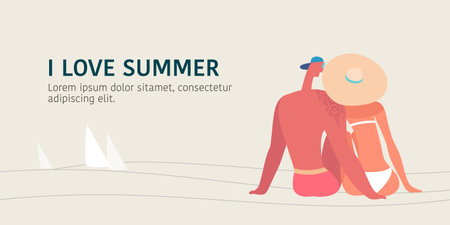 Young male and female sitting at the beach and enjoying sea vector illustration. Summer activities and vacations concept bannerのイラスト素材