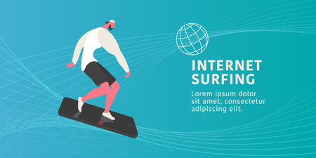 Young modern man riding a phone as a board while internet surfing flat style concept vector illustrationのイラスト素材