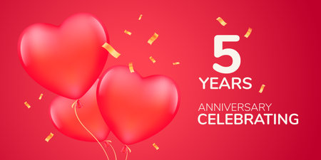 5 years anniversary vector logo, icon. Template banner with 3d red air balloonsのイラスト素材