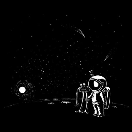 Doodle style ufo and astronaut characters. Spaceman in helmet and spacesuitのイラスト素材