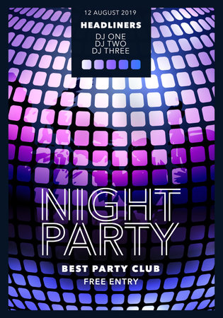 Night party vector illustration, banner. Poster for disco with text for event and DJ namesのイラスト素材
