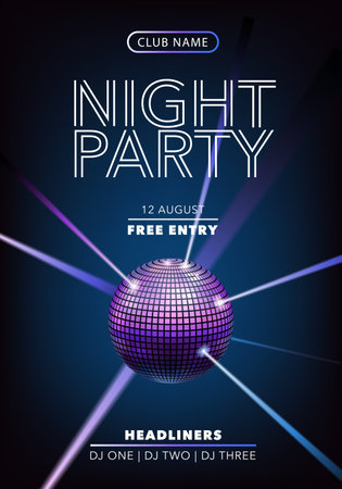 Night party vector illustration, banner. Poster for disco with text for event and DJ namesのイラスト素材