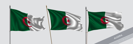 Set of Algeria waving flag on isolated background vector illustration. 3 Algerian wavy realistic flag as a symbol of patriotismのイラスト素材