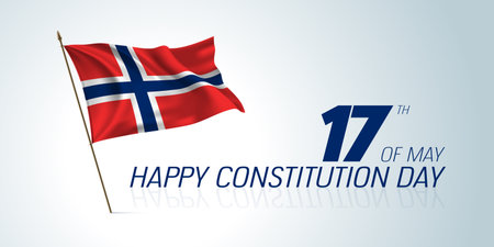 Norway constitution day greeting card, banner, horizontal vector illustration. Norwegian holiday 17th of May design element with curve flag as a symbol of independenceのイラスト素材