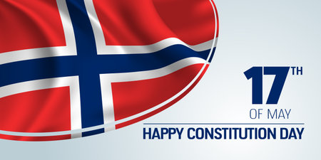 Norway constitution day vector banner, greeting card. Norwegian wavy flag and sign with date in 17th...