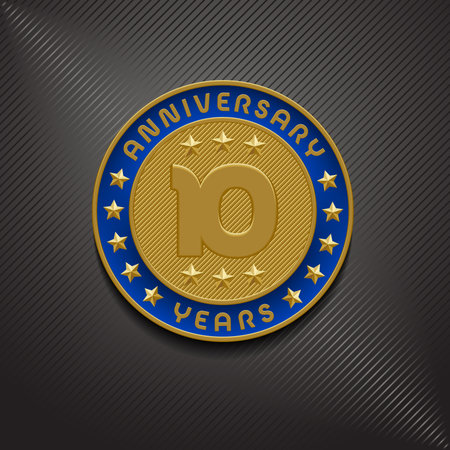 10 years anniversary vector logo, icon. Graphic symbol with golden medalのイラスト素材