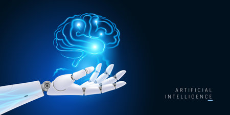 Digital artificial brain and hand of futuristic robot vector background, illustrationのイラスト素材