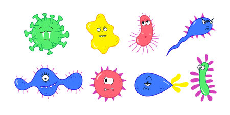 Cartoon cute microbes vector illustration. Set of bacteria and virus funny charactersのイラスト素材