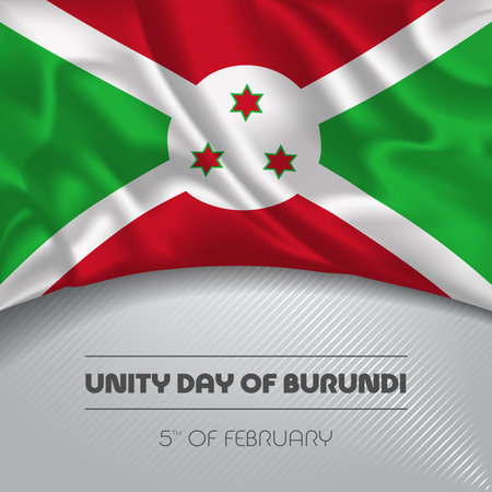 Unity day of Burundi greeting card, banner with template text vector illustration. Burundian memorial holiday 5th of February design element with realistic flag with starsのイラスト素材