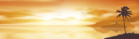 Seunset on the beach of a tropical exotic vacation resort vector illustration. Palm trees silhouettes template layout for web site header with text or blogのイラスト素材