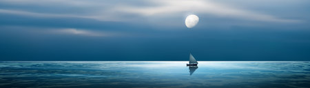Horizontal vector background with sailing boat at night in the ocean and moon. Design element for tropical summer vacation concept can be used as web site header or blog with textのイラスト素材