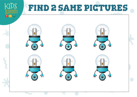 Find two same pictures kids game vector illustration. Activity for preschool children with matching objects and finding 2 identical. Cartoon cute robotのイラスト素材