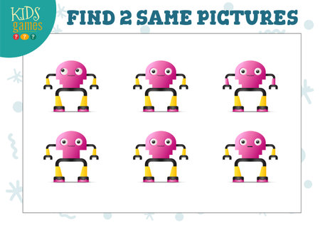 Find two same pictures kids game vector illustration. Educational activity for preschool children with matching objects and finding 2 identical. Cartoon funny humanoid robotの素材 [FY310183767930]