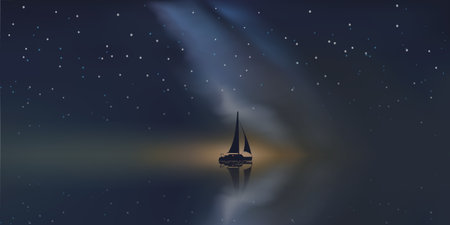 Horizontal vector background with sailing boat at night in the ocean and stars. Design element for tropical summer vacation conceptのイラスト素材