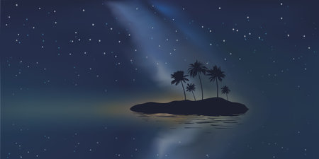 Tropical island in the purple dark with palm trees. Vector graphic design illustration for romantic exotic holiday seascape conceptのイラスト素材